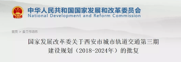 国家发展改革委关于陕西西安市城市轨道交通第三期建设规划(2018-2024年)的批复 发改基础〔2019〕1049号